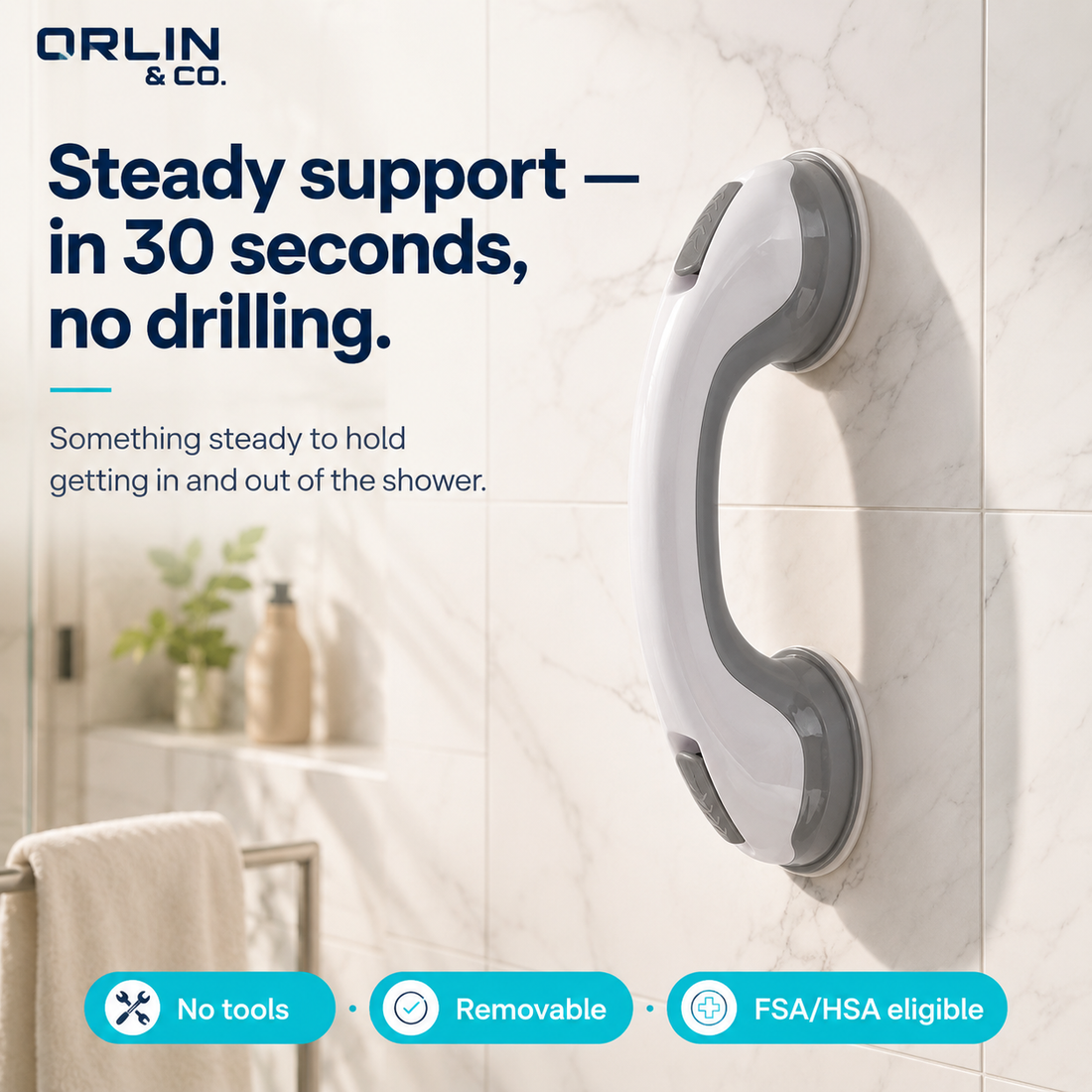 Removable Suction Shower Grab Bar — No-Drill Balance Support