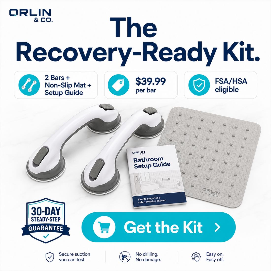 Removable Suction Shower Grab Bar — No-Drill Balance Support