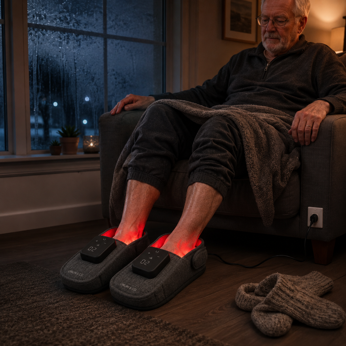 A person resting in the evening with SoleMend foot wraps on