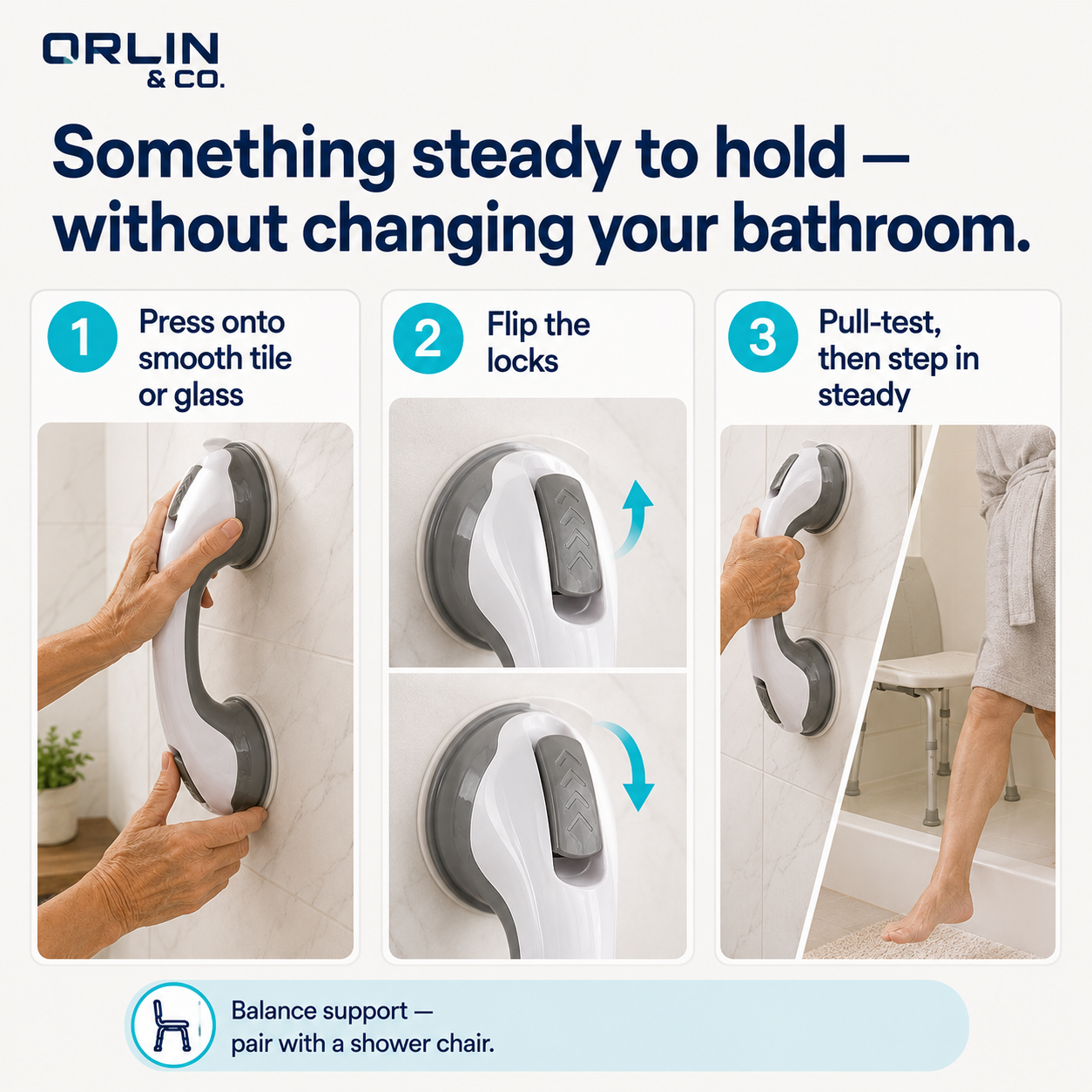 Removable Suction Shower Grab Bar — No-Drill Balance Support