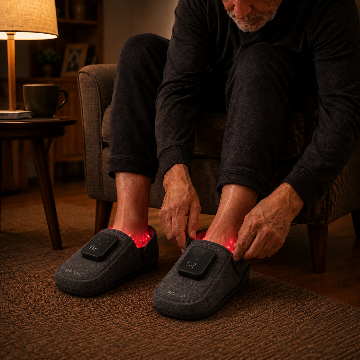 A person resting in the evening with SoleMend foot wraps on